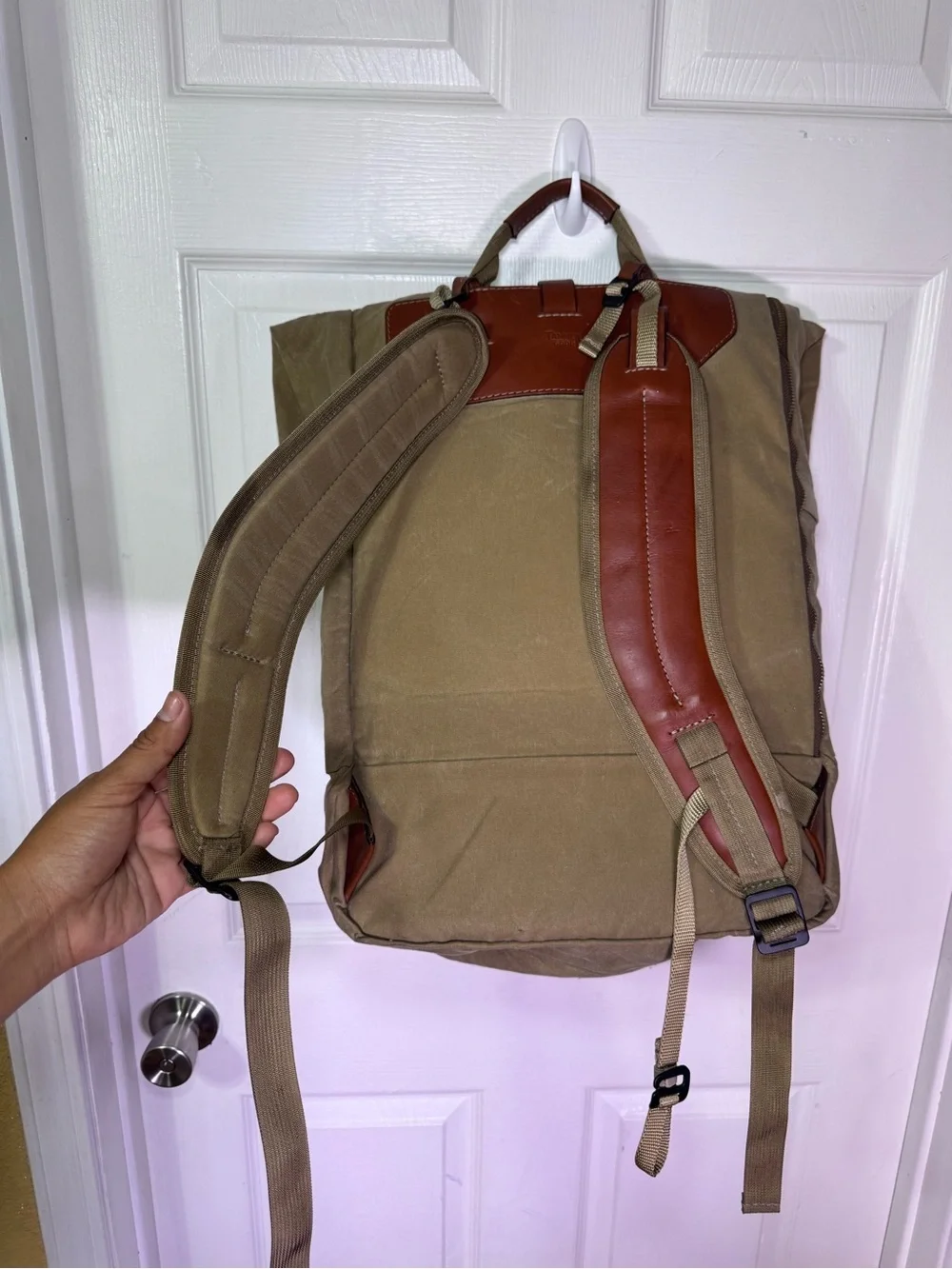 Roll-Top Canvas Backpack for Men — Khaki with Brown Trim
